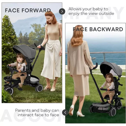 Kinder King 8 in 1 Kids Baby Stroller Tricycle Folding Toddler Trike w Adjustable Push Handle