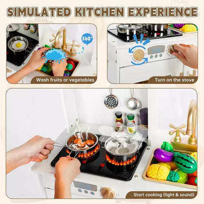 Kinder King Wooden Kids Play Kitchen, Toy Kitchen Playset for Toddler, Realistic Kitchen Sets w/Lights & Sounds, Gift for Boys Girls Age 3+