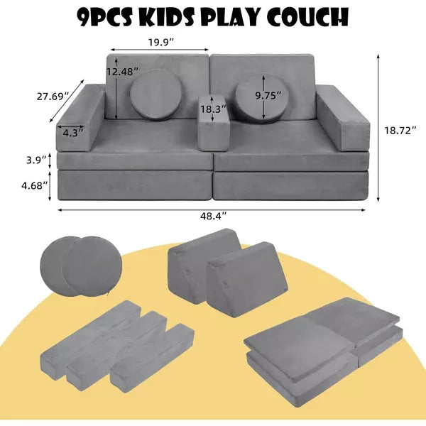 Kinder King 9PCS Kids' and Toddlers Convertible Sofa and Play Set Modular Foam Couch and Flip Out Lounger Indoor Furniture for Playroom Gray
