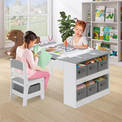 Kinder King 3-in-1 Kids Art Table & Easel Set with Storage Bins, Paper Roll, and Paint Cups