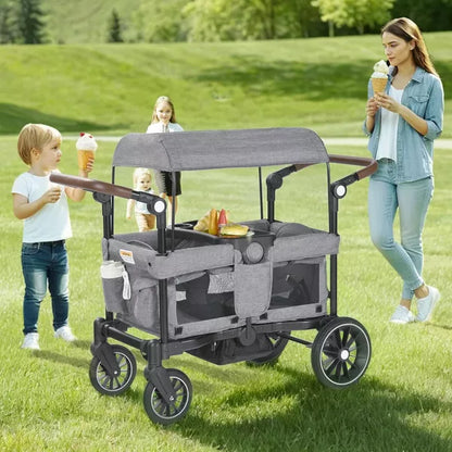 Kinder King Folding Wagon Stroller for 2 Kids, Adjustable Handle, All-Terrain Shock-Absorbing Wheel, Detachable Tray, Diaper Bag