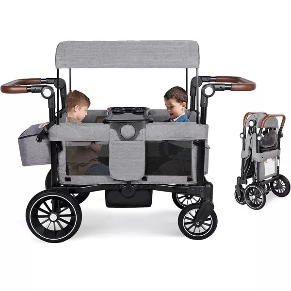 Kinder King Folding Wagon Stroller for 2 Kids, Adjustable Handle, All-Terrain Shock-Absorbing Wheel, Detachable Tray, Diaper Bag