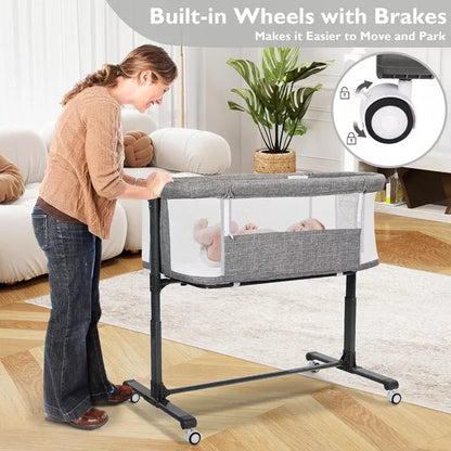 Kinder King Baby Bassinet 2 in 1 Bedside Sleeper,Folding Portable w/Storage Basket All-Sided Mesh 6 Adjustable Height Comfy Mattress