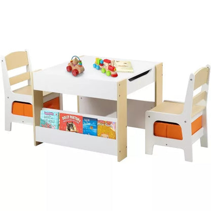 Kinder King Kids Wood Table & 2 Chairs Set, 4 in 1 Children Activity Table w/Double Bookcase, Blackboard, Toddler Furniture Set