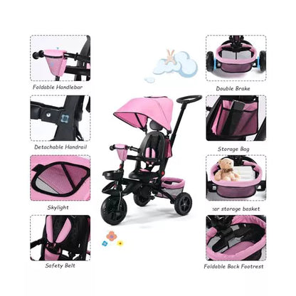 Kinder King 7 in 1 Kids Baby Stroller Tricycle Folding Toddler Trike w Adjustable Push Handle