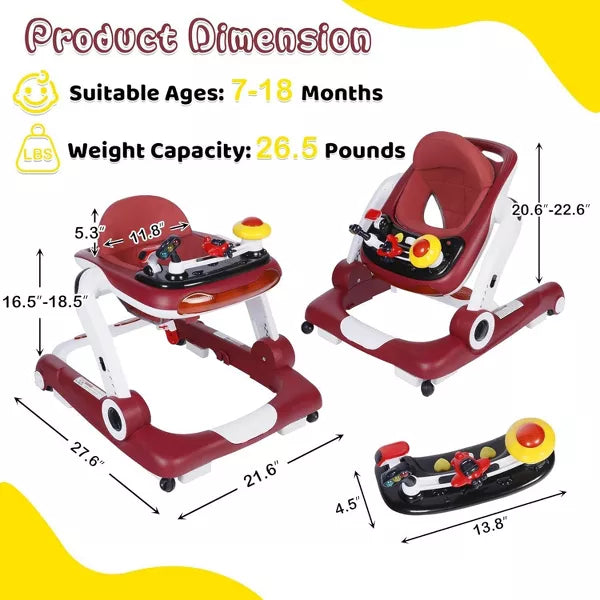 Kinder King 5-in-1 Baby Walker with Music & Lights, Activity Center for Toddler, Adjustable Height, Safety Bumper