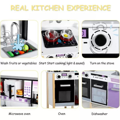 Kinder King Wooden Kids Play Kitchen, Toy Kitchen Playset for Toddler, Realistic Kitchen Set w/Lights & Sounds, Gift for Boys Girls Age 3+, Purple