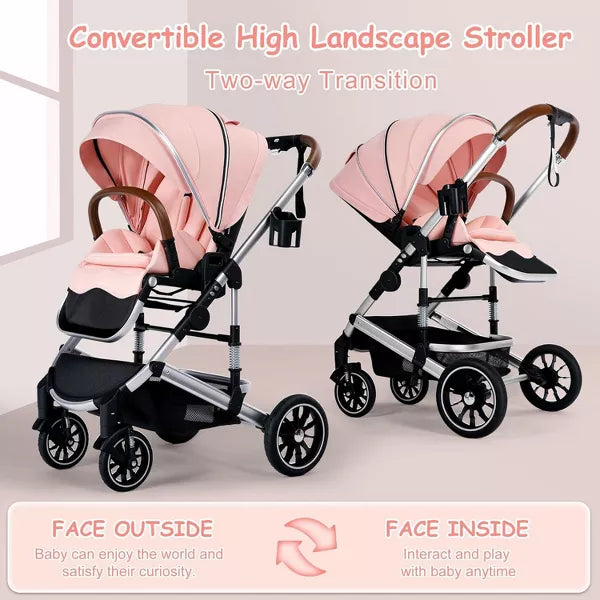 Kinder King Roc 1 Reversible Folding Baby Stroller, High Landscape, Adjustable Canopy, Anti-Shock, 5-Point Harness, Cup Holder