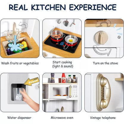 Kinder King Wooden Kids Play Kitchen, Toy Kitchen Playset for Toddler, Realistic Kitchen Sets w/Lights & Sounds, Gift for Boys Girls Age 3+, Gold