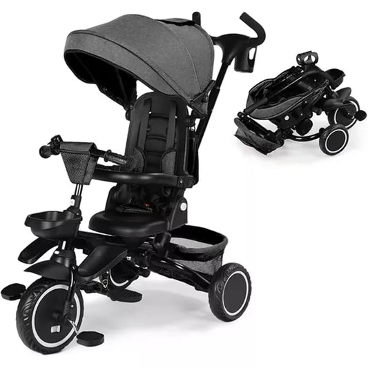 Kinder King 8 in 1 Kids Baby Stroller Tricycle Folding Toddler Trike w Adjustable Push Handle