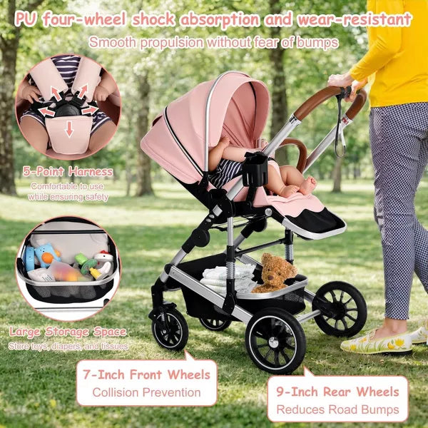 Kinder King Roc 1 Reversible Folding Baby Stroller, High Landscape, Adjustable Canopy, Anti-Shock, 5-Point Harness, Cup Holder