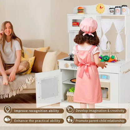 Kinder King Wooden Kids Play Kitchen, Toy Kitchen Playset for Toddler, Realistic Kitchen Sets w/Lights & Sounds, Gift for Boys Girls Age 3+