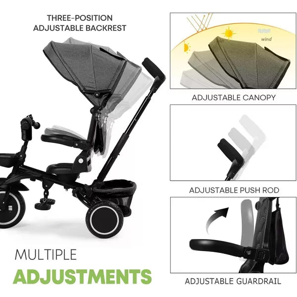 Kinder King 8 in 1 Kids Baby Stroller Tricycle Folding Toddler Trike w Adjustable Push Handle