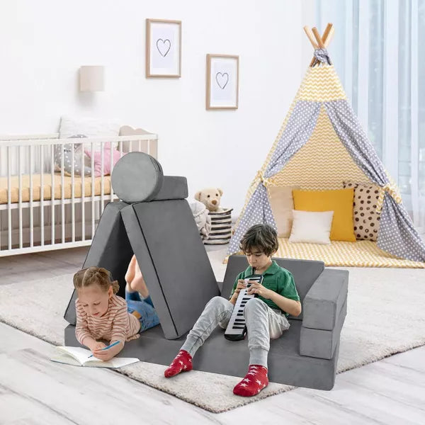 Kinder King 9PCS Kids' and Toddlers Convertible Sofa and Play Set Modular Foam Couch and Flip Out Lounger Indoor Furniture for Playroom Gray