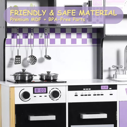 Kinder King Wooden Kids Play Kitchen, Toy Kitchen Playset for Toddler, Realistic Kitchen Set w/Lights & Sounds, Gift for Boys Girls Age 3+, Purple