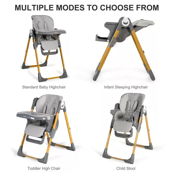 Kinder King Foldable 3 in 1 High Chair for Babies & Toddlers, Converts to Toddler Chair, Adjustable Height, Recline, Double Trays, Easy to Clean, Gray