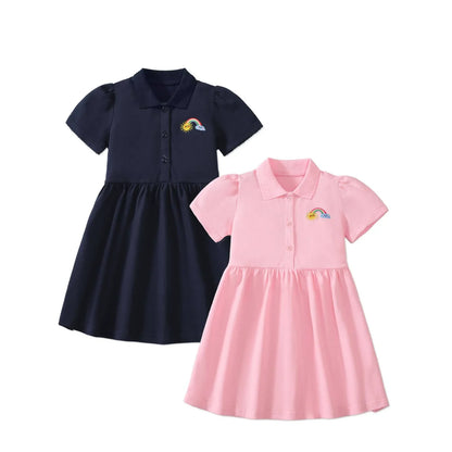 HILEELANG Baby Girl Easter Navy Pink Polo Dress Short Sleeve Cotton Casual Button Closure School Playwear Ruffle Dresses 2 Packs 2T