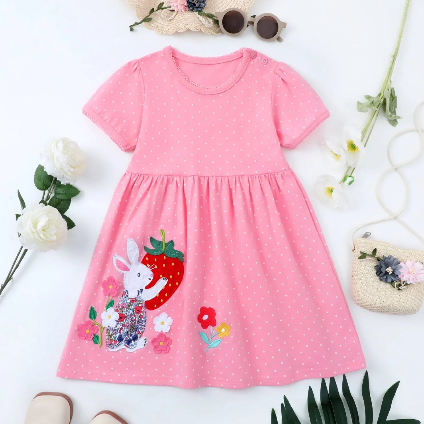 HILEELANG Baby Girls Short Sleeve Easter Dress Cotton Casual Pink Dot Bunny Applique Jersey Shirt Playwear Dresses 2T