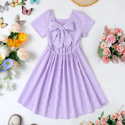 HILEELANG Little Girl Easter Dress Short Sleeve Summer Lavender Casual Tie Back Princess Elegant Party Dress 4-5T