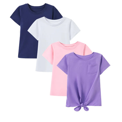 HILEELANG Little Girl Short Sleeve Tees Summer Easter Purple Bowknot Blue Pink Navy Girl Cotton Tops Shirts 4 Packs Size 6