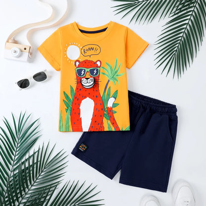 HILEELANG Toddler Boy Summer Short Clothes Sets Outfits Easter Cotton Yellow Leopard Tee Shirts Pocket Adjustable Knite Shorts Playwear Sets 2T