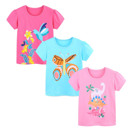 HILEELANG Toddler Girls' Short Sleeve Tees Easter Cotton Casual Butterfly Dinosaur Crewneck Summer Top T-Shirts Pink Blue 3 Packs Sets 2T