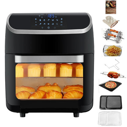 Jacgood XL 13QT Multifunctional Digital Air Fryer+ Rotisserie, Dehydrator, Convection Oven, 10 Touch Screen Presets Fry, Roast, Dehydrate, Bake, Large Family Size，Easy-View Window, Black