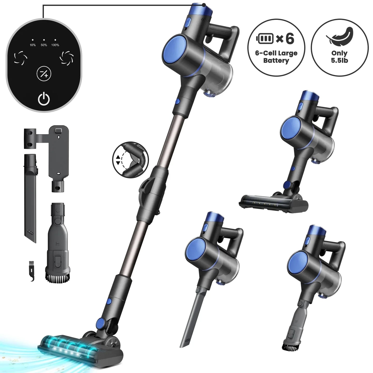 KISSAIR Cordless Vacuum Cleaner 50min 2200mah Lightweight 5.5lb Led Display Screen Stick Vacuum Cleaners for Home Hardwood Floor Carpet Pet Hair, Blue