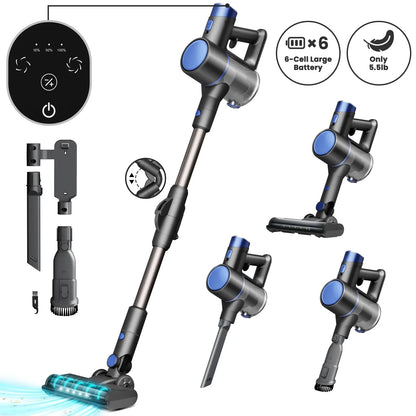 KISSAIR Cordless Vacuum Cleaner 50min 2200mah Lightweight 5.5lb Led Display Screen Stick Vacuum Cleaners for Home Hardwood Floor Carpet Pet Hair, Blue