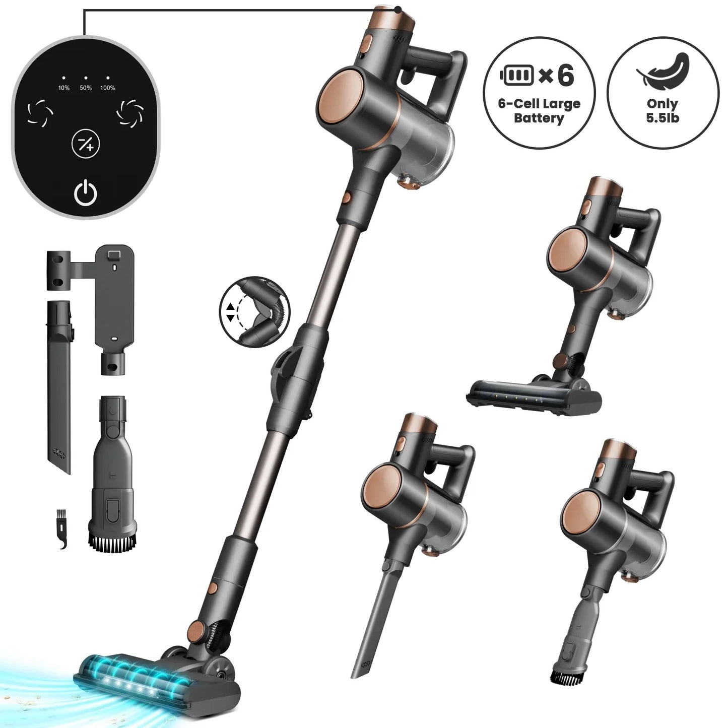 KISSAIR Cordless Vacuum Cleaner 50min 2200mah Lightweight 5.5lb Led Display Screen Stick Vacuum Cleaners for Home Hardwood Floor Carpet Pet Hair, Grey