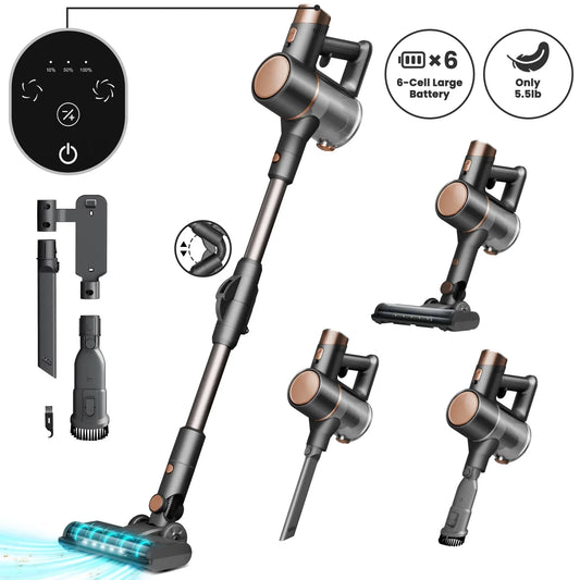 KISSAIR Cordless Vacuum Cleaner 50min 2200mah Lightweight 5.5lb Led Display Screen Stick Vacuum Cleaners for Home Hardwood Floor Carpet Pet Hair, Grey