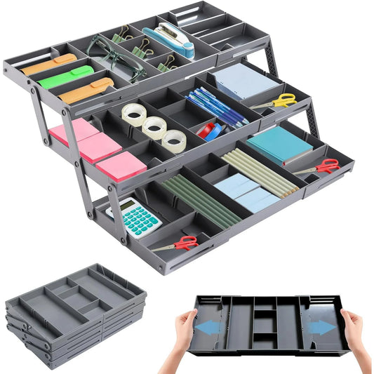 Katinyos 3 Tier Expandable Drawer Organizer, Multi Level Folding Desk Organizer, Cabinet Organizer for Makeup, Jewelry, Desk, and Office Drawers