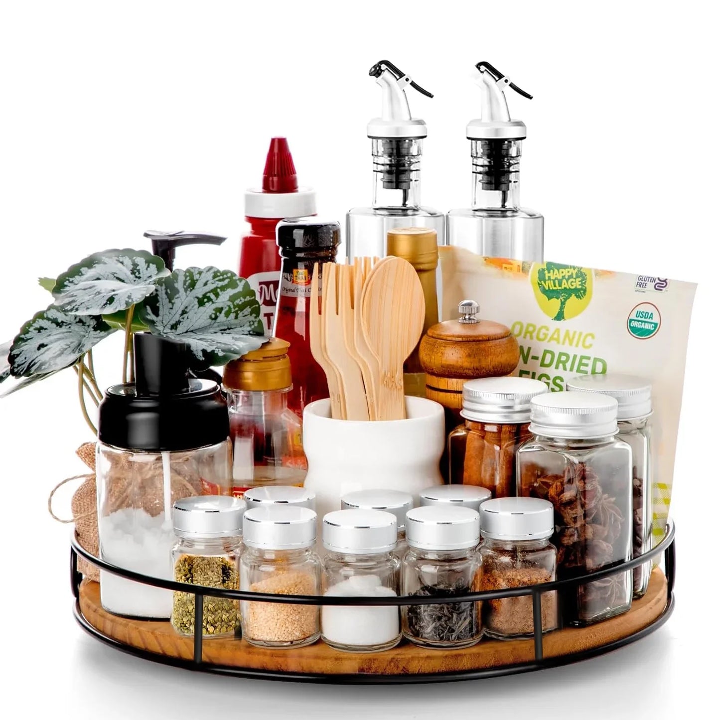 Katinyos 9 inch Lazy Susan Organizer, Non-Skid Round Wood Turntable Organizer with Steel Sides, Pantry Organizers and Storage for Cabinet, Kitchen Countertop, Spice Rack