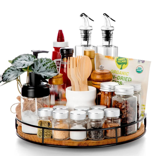Katinyos 9 inch Lazy Susan Organizer, Non-Skid Round Wood Turntable Organizer with Steel Sides, Pantry Organizers and Storage for Cabinet, Kitchen Countertop, Spice Rack