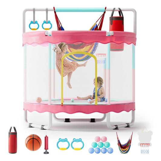 Kidsbuddy Trampoline for Kids, 60'' Toddler Mini Trampoline with Enclosure Net, Indoor Outdoor 5FT Kids Trampoline with Swing Basketball Hoop, Gifts for Boys Girls, 440LB, Pink