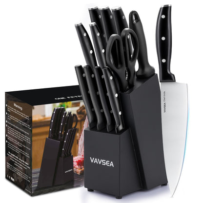 Knife Block Set,12 Pcs German Stainless Steel Kitchen Knife Set with Block, Knives Set with Self Sharpening, Dishwasher Safe, Anti-slip Handle, Black