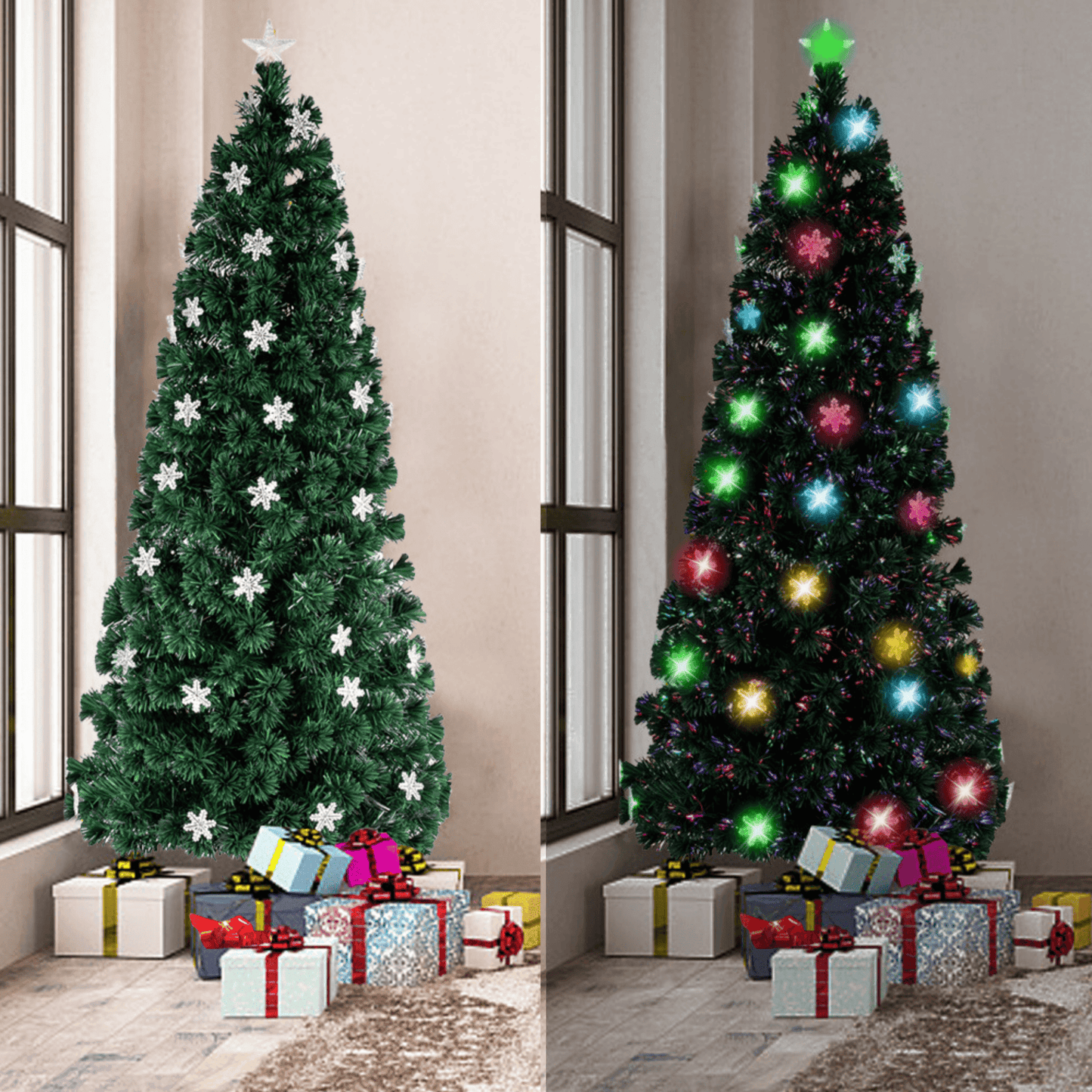 Ktaxon 6 FT Pre-Lit Fiber Optic Artificial Christmas Tree Multi-Color Lights Snowflakes LED