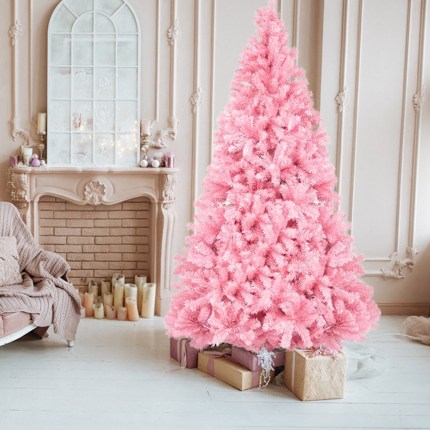Ktaxon 7 Ft Full Christmas Tree, 1800 Branch Tips Artificial Traditional Unlit Xmas Tree Realistic with Metal Stand, Pink