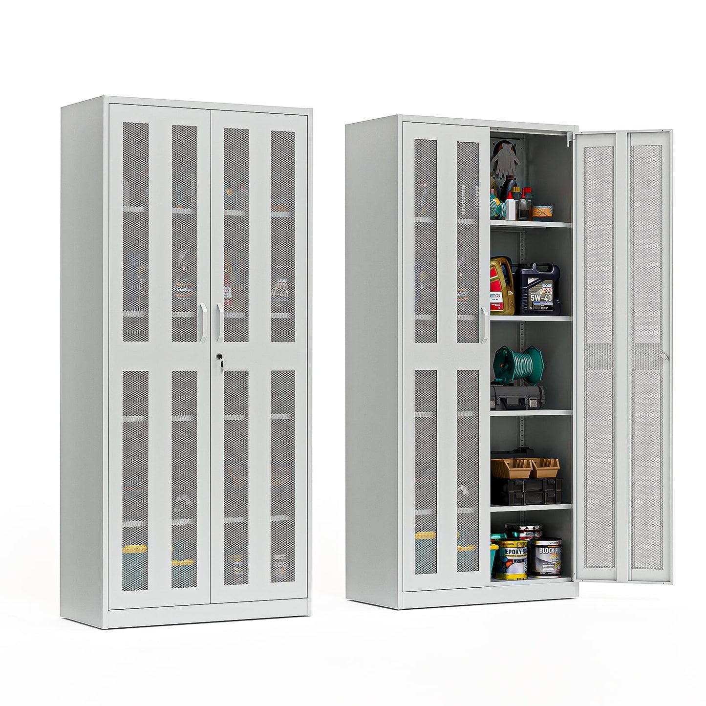 Ktaxon 71"H Metal Garage Storage Cabinet with 2 Mesh Doors, Garage Tool Storage Cabinet with Pegboards and 4 Adjustable Shelves, Locking Steel Tool Cabinets for Garage, Office, Workshop, Warehouse