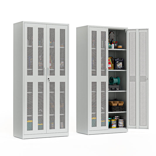 Ktaxon 71"H Metal Garage Storage Cabinet with 2 Mesh Doors, Garage Tool Storage Cabinet with Pegboards and 4 Adjustable Shelves, Locking Steel Tool Cabinets for Garage, Office, Workshop, Warehouse
