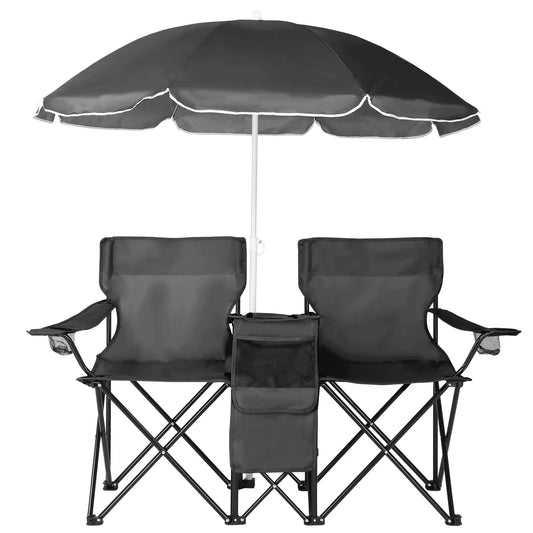 Ktaxon Camping Loveseat Chair, Folding Double Outdoor Chair with Removable Sun Umbrella & Carrying Bag, Double Chairs with Cooler Bag for Lawn Fishing Outdoor, Black