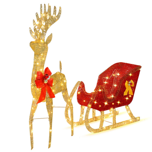 Ktaxon 3D Lighted Christmas 4ft Reindeer & Sleigh Set Outdoor Yard Decoration LED Lights - Gold