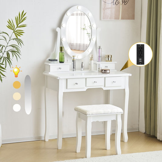 Ktaxon Makeup Vanity Table with 3 Color Lights, 5 Drawers Makeup Dressing Desk with USB Charging Station, Bedroom Vanities Set, White