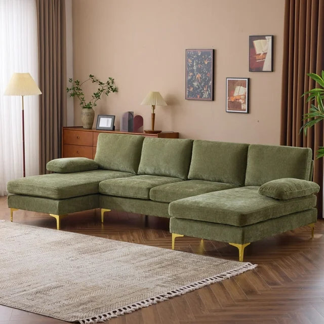 Ktaxon Sectional Sofa Set, 110" U-Shaped Chenille Couch, 4 Seat Lounge Sleeper with Double Chaise for Living Room Green