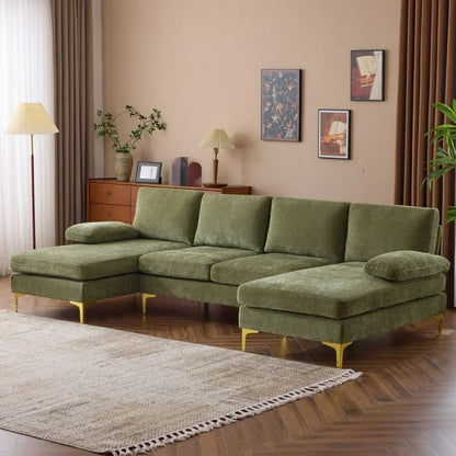 Ktaxon Sectional Sofa Set, 110" U-Shaped Chenille Couch, 4 Seat Lounge Sleeper with Double Chaise for Living Room Green