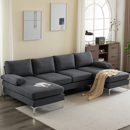 Ktaxon Sectional Sofa, U-Shape Convertible Couch Set with Soft Linen Fabric, Lounge Sleeper with Chaise for Living Room 4 Seat Dark Gray