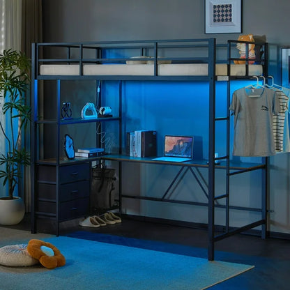 Ktaxon Twin Loft Bed with L Shaped Desk for Kids Teens, Metal Bunk Bed with 3 Storage Drawers, Metal Bed Frame, Black