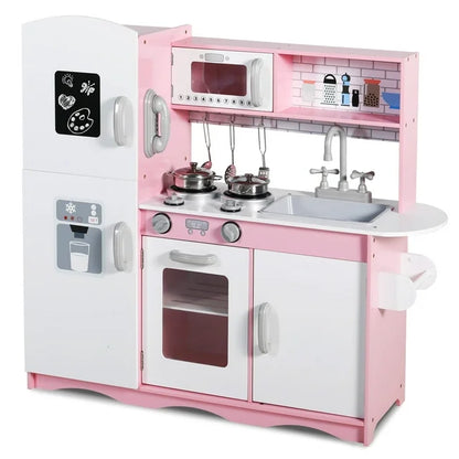 LINLUX Wooden Kids Play Kitchen, Toy Kitchen Playset For Toddler, Realistic Kitchen Sets Baby, Pink