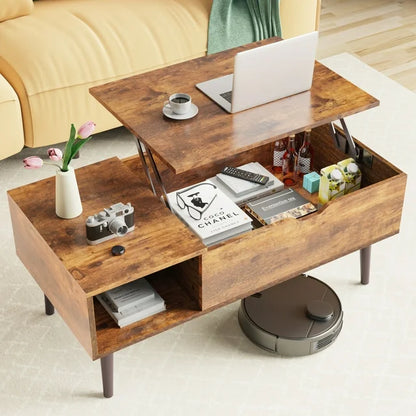 Lift Tabletop Coffee Tables for Living Room with Storage Shelf and Hidden Compartment - Brown