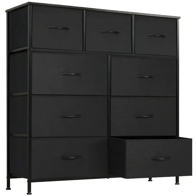 Lockers for Bedroom with 9 Fabric Drawers, Tall Chest Organizer Units for Clothing, Closet, Kidsroom, Storage Tower with Cabinet, Metal Frame, Wooden Top, Lightweight Nursery Furniture - Black